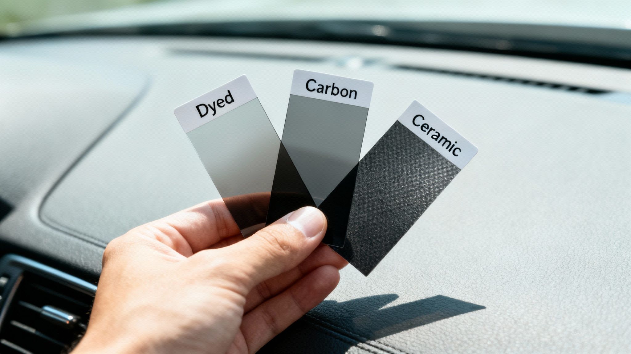 A hand holding three car window tint samples labeled Dyed, Carbon, and Ceramic inside a car.