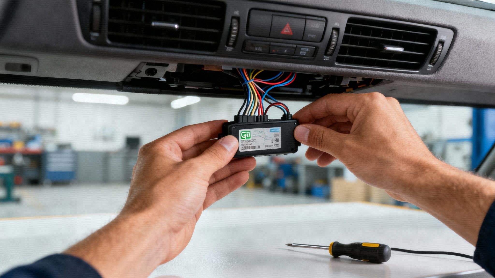 A technician working on the intricate wiring of a car's dashboard