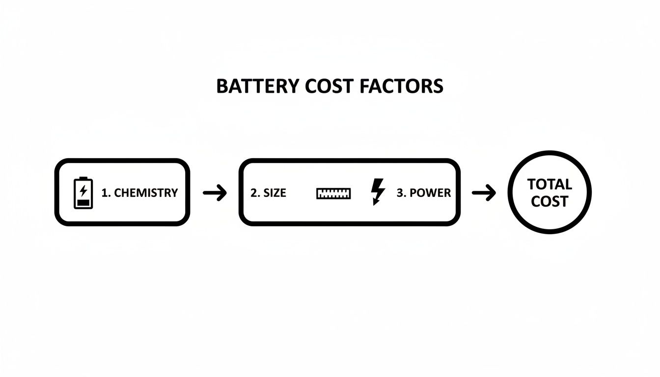 Flowchart illustrating battery cost factors, including chemistry, size, and power, which determine the total cost.