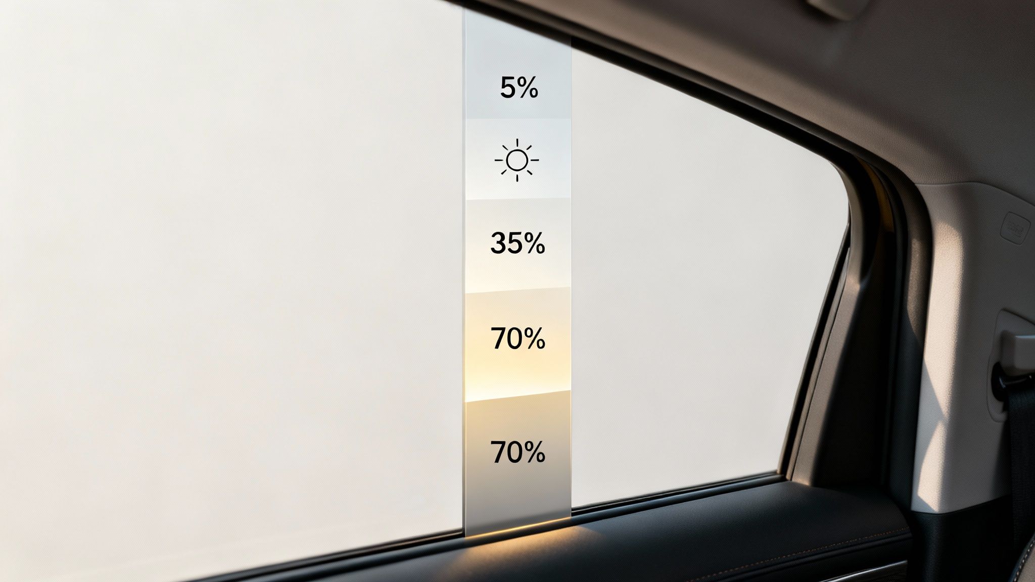 A Guide to Automotive Window Tint Percentages 1 Inside a car, a sample strip displays different window tint levels, from 5% to 70%.