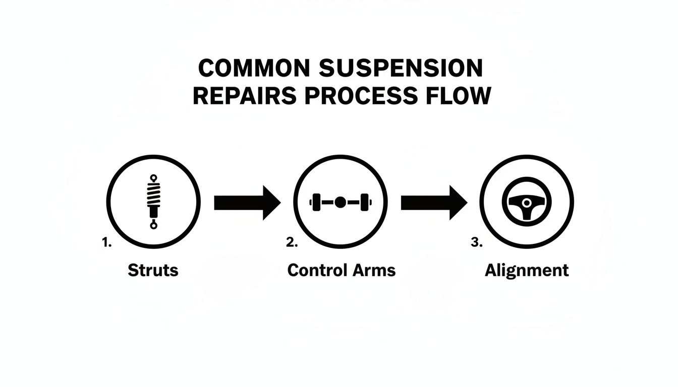 Diagram illustrating the common process for vehicle suspension repairs: struts, control arms, then alignment.