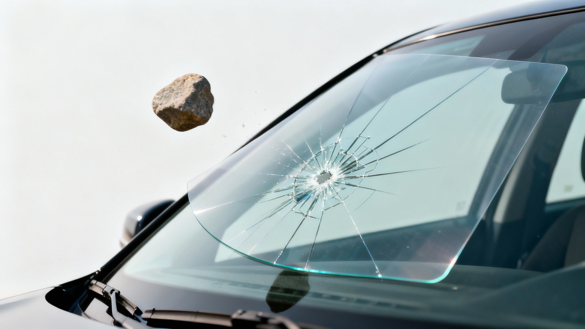 A rock impacts a car windshield, creating a spiderweb crack, showing a film protector.