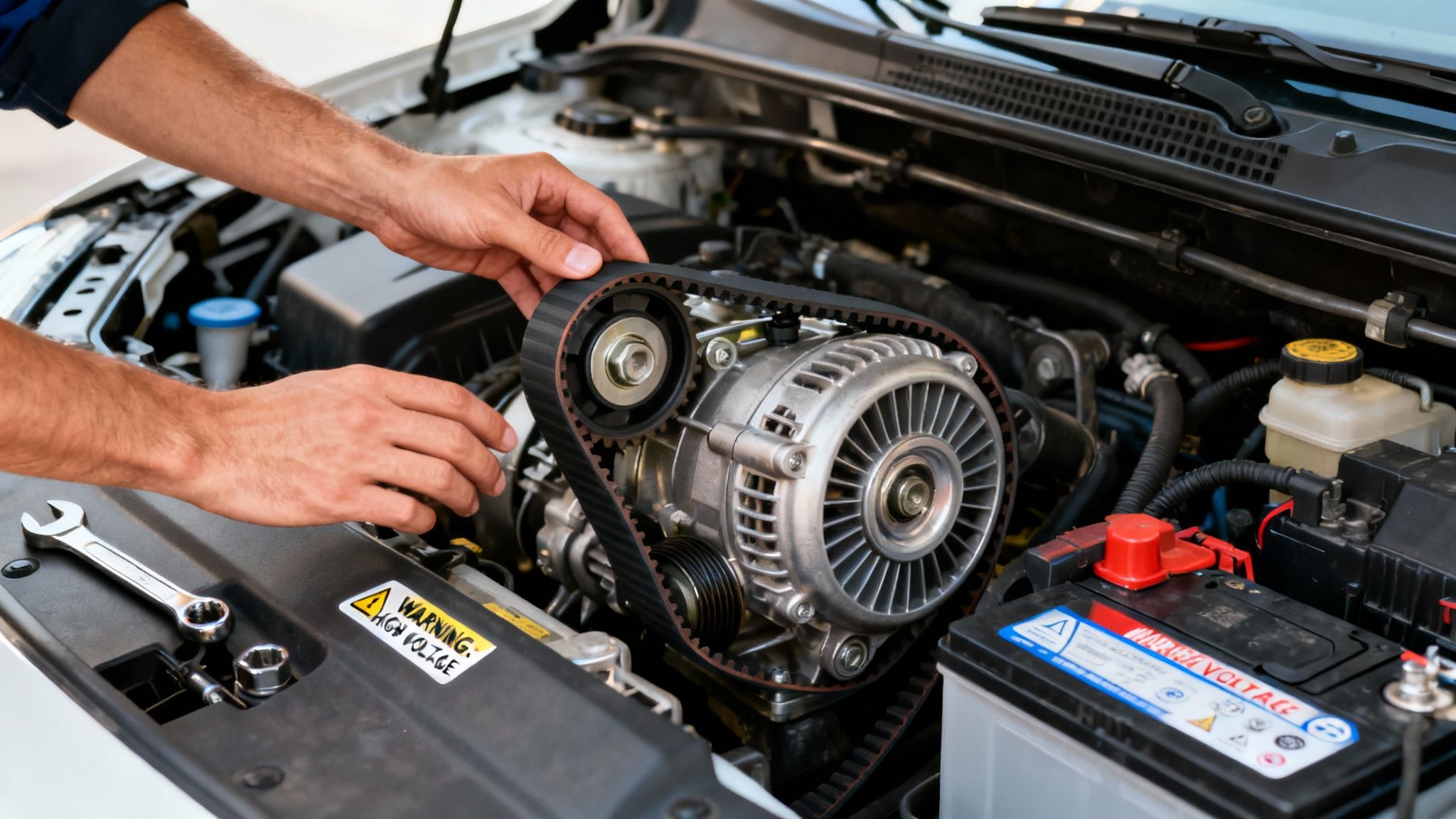 Air Conditioning Repair Car: Quick Guide to Fix Your Car A/C Now 3 Hands of a mechanic working on a car engine, adjusting the serpentine belt.