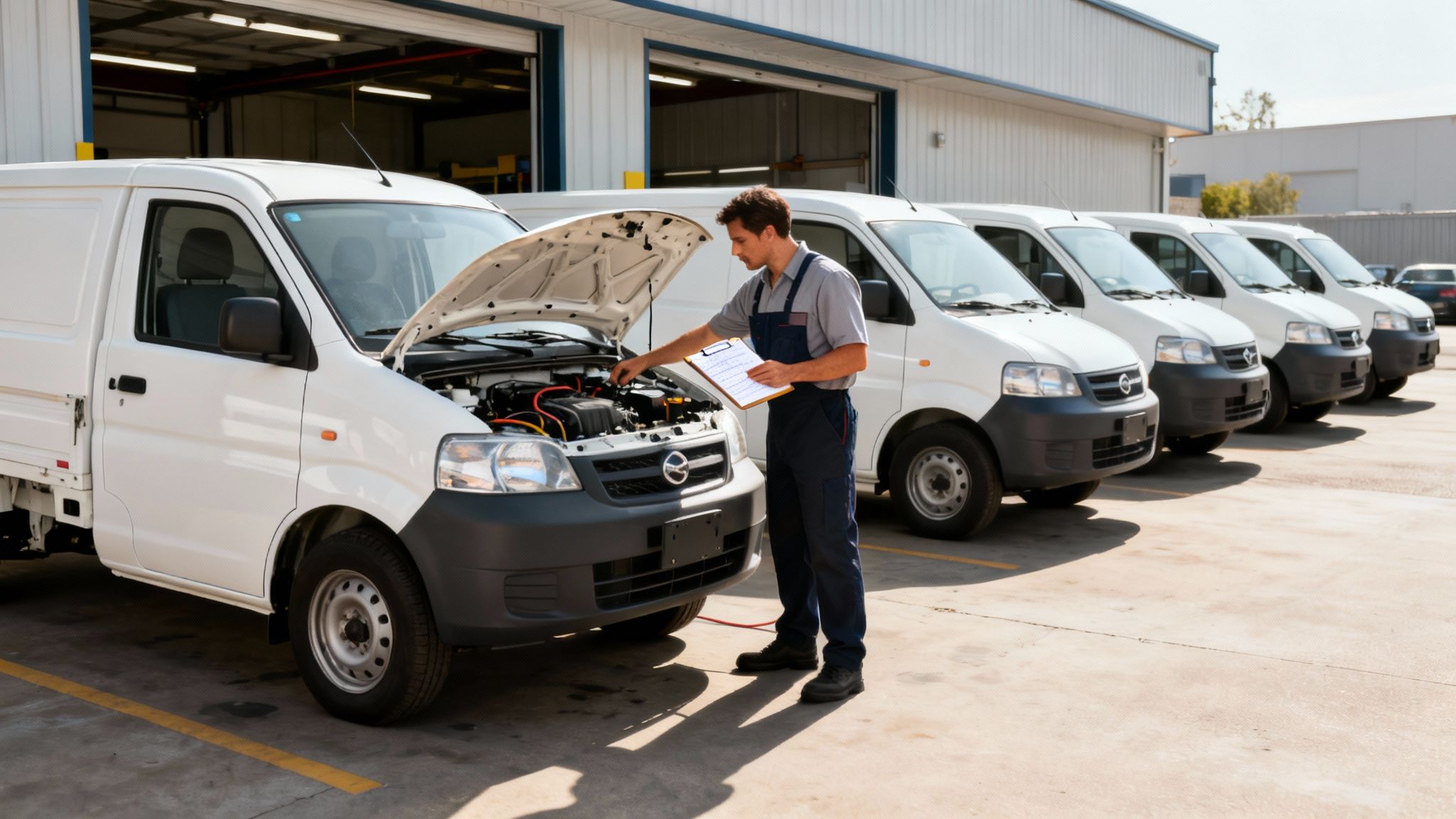 A mechanic in uniform inspects the engine of a white van with a clipboard, in front of a row of commercial vans.