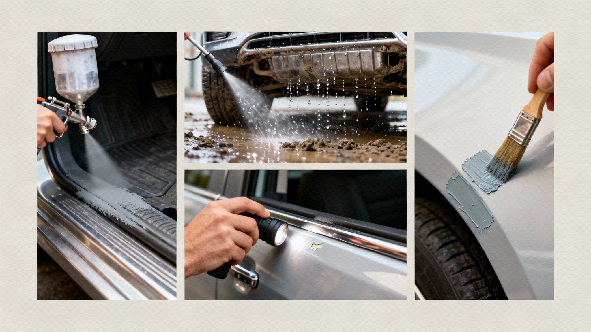 A car being cleaned, inspected, and receiving rust prevention treatments like undercoating and painting.