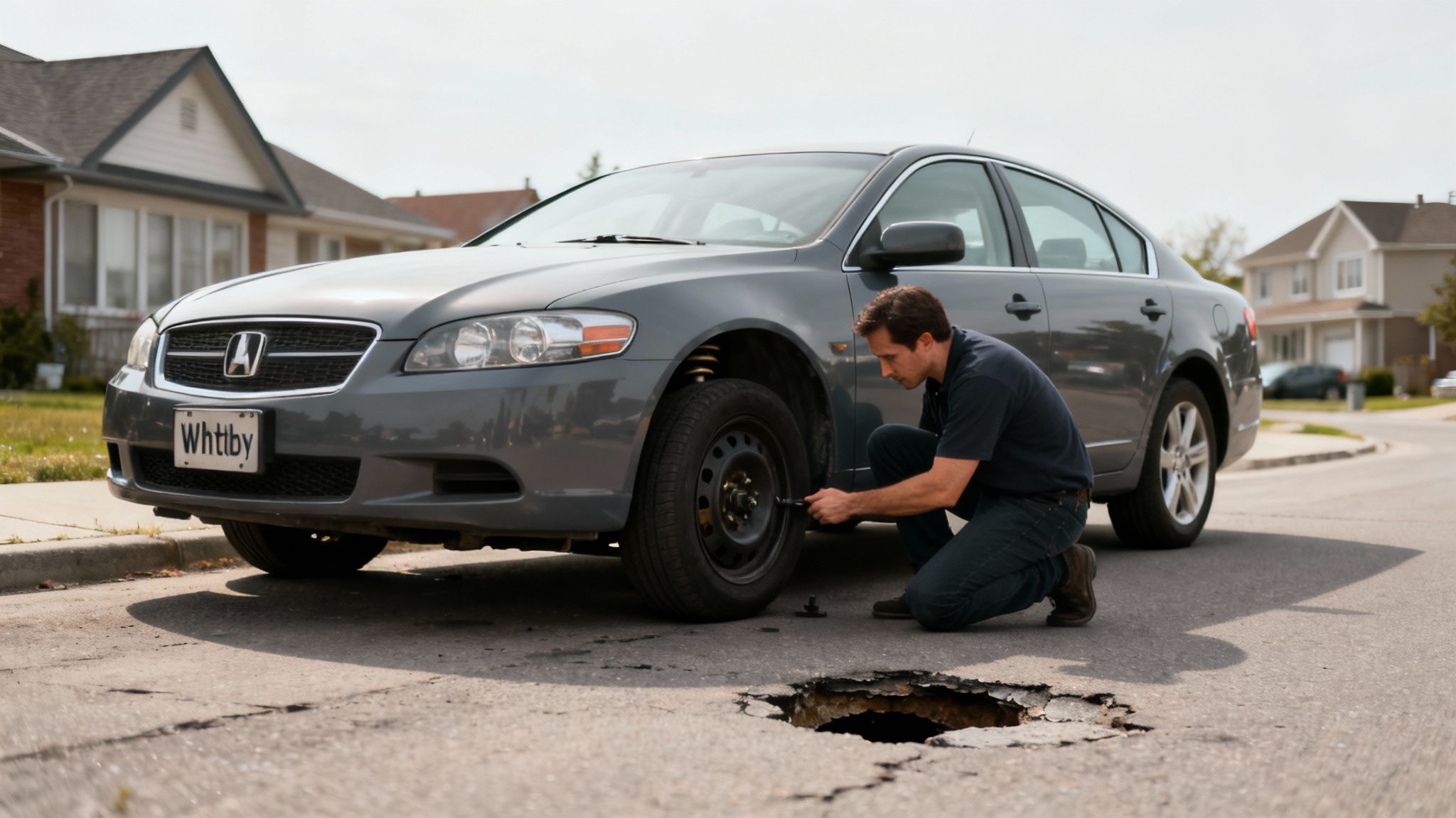 A man kneels beside a grey car, changing its tire near a large pothole on a street.