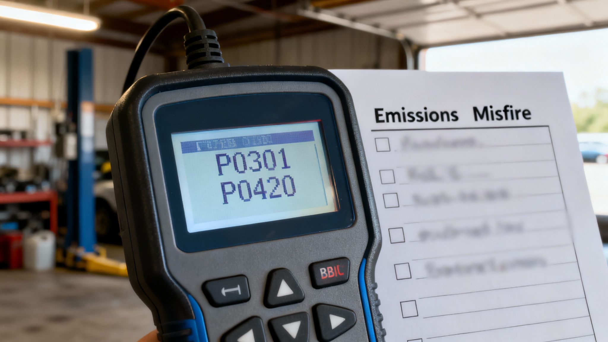 Car diagnostic tool displaying P0301 and P0420 engine codes in an auto repair shop.
