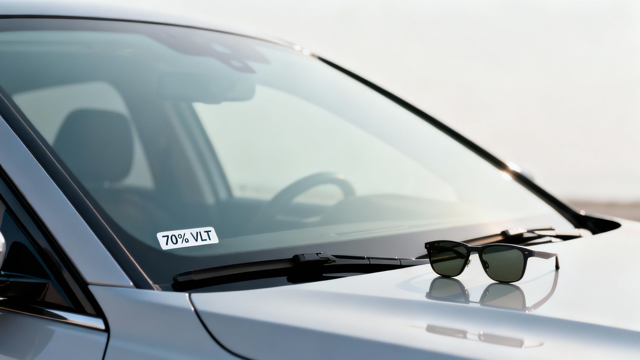 A sports car with tinted windows parked in an urban setting at sunset.
