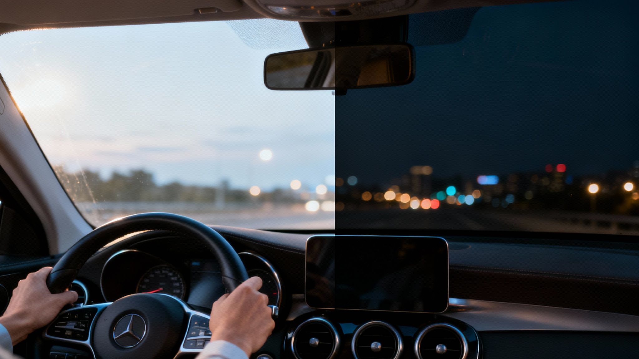 Driver's view from inside a car, showing day and night scenes through the windshield.