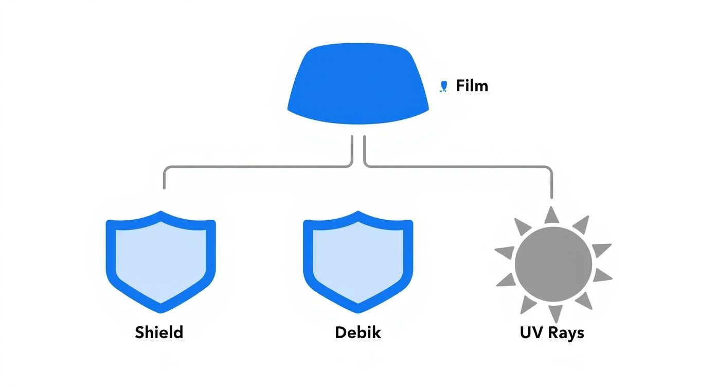 Diagram showing a windshield film providing protection (shield and Debik) from UV rays.