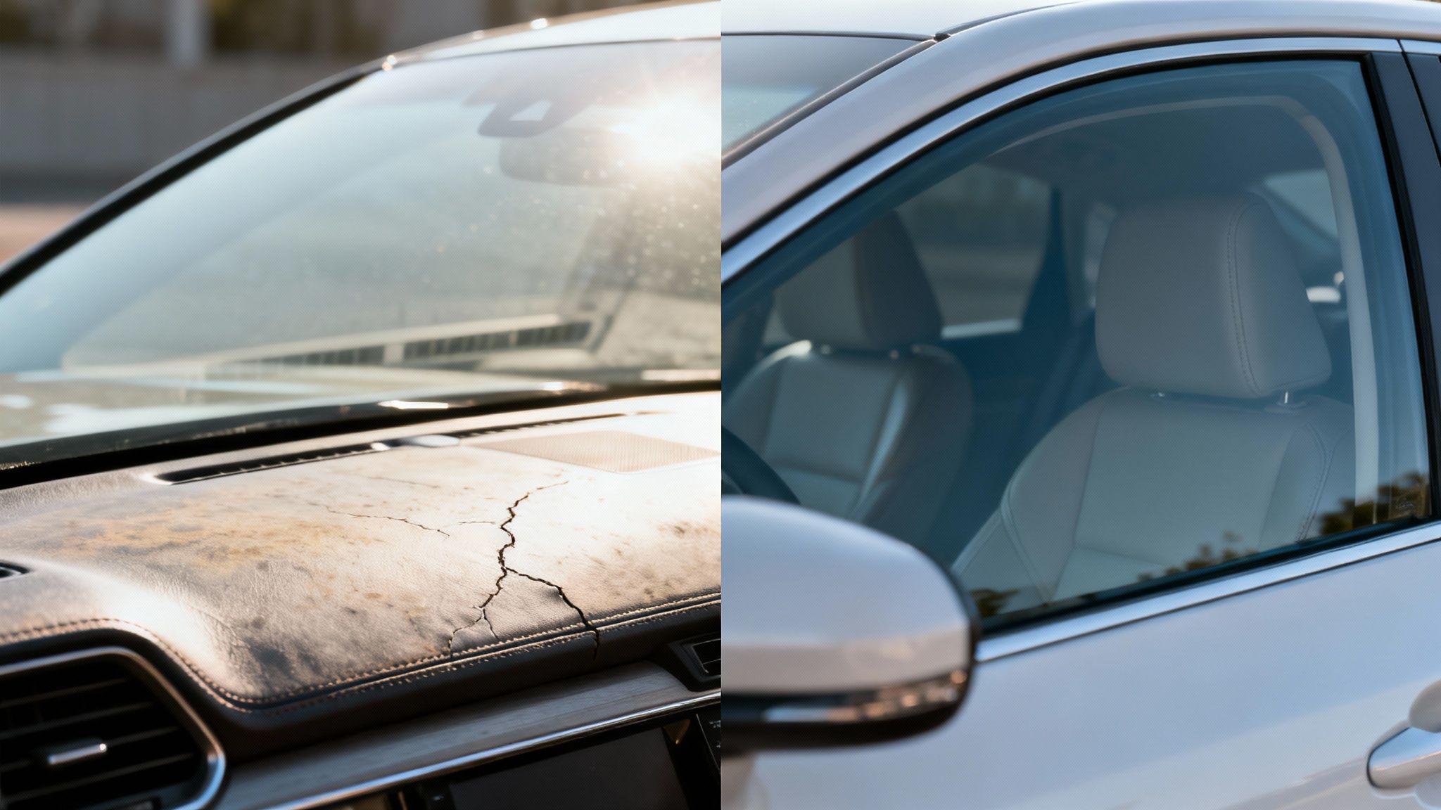 Split image comparing a sun-damaged car interior with a pristine, protected one through a clean window.