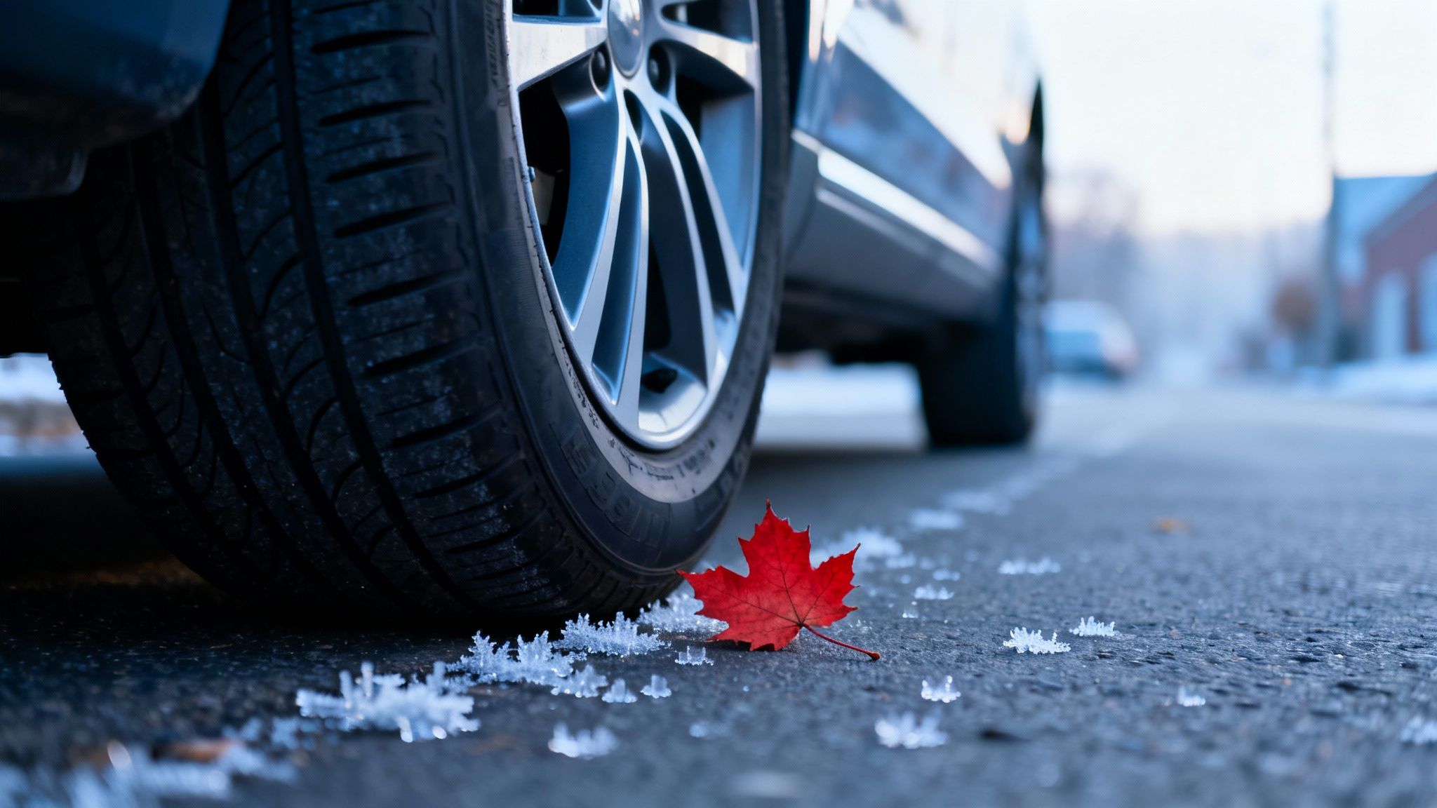 A car tire on an asphalt road with frost crystals and a vibrant red maple leaf.