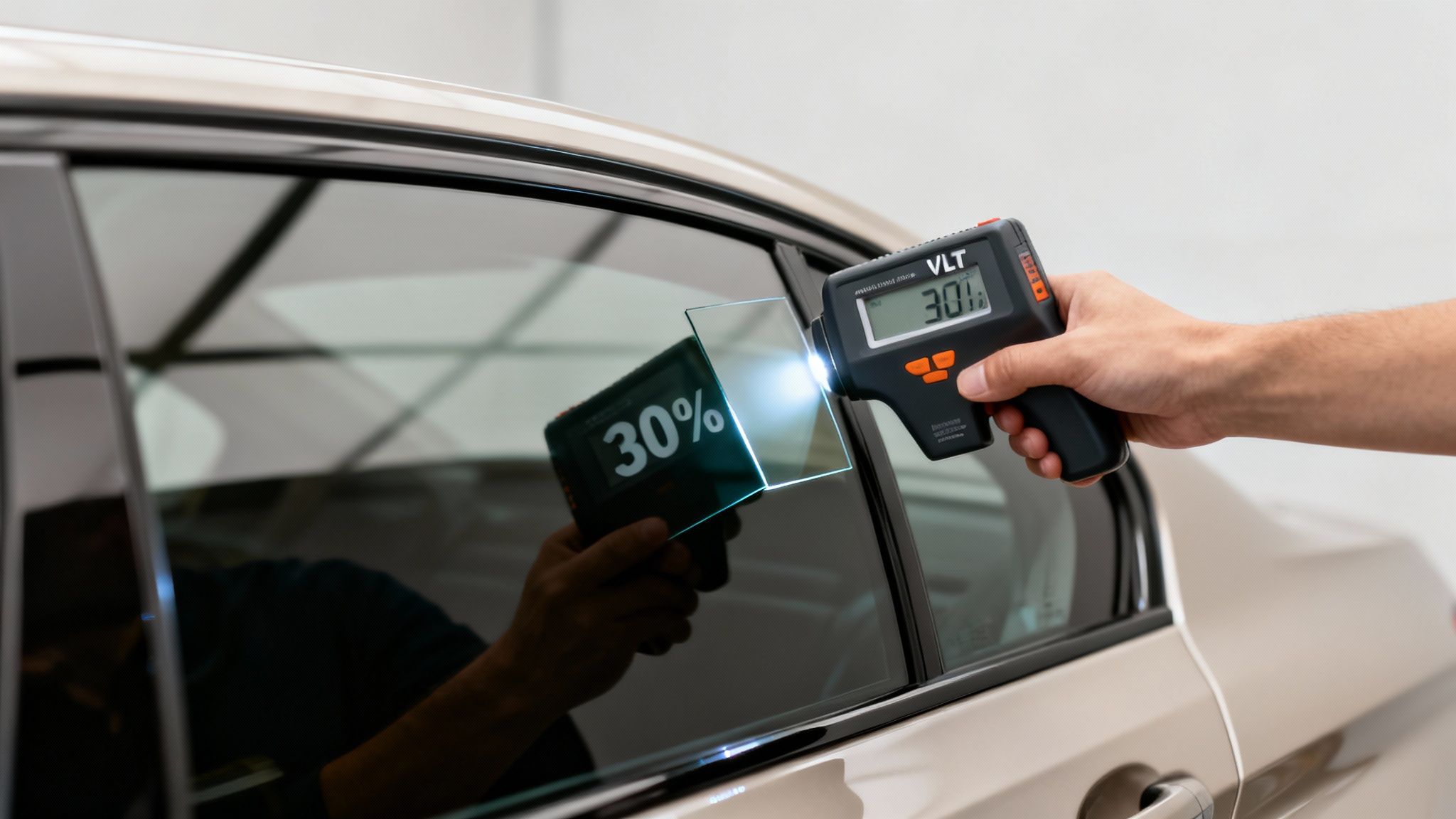 A hand uses a VLT meter to measure the 30% tint on a car window.
