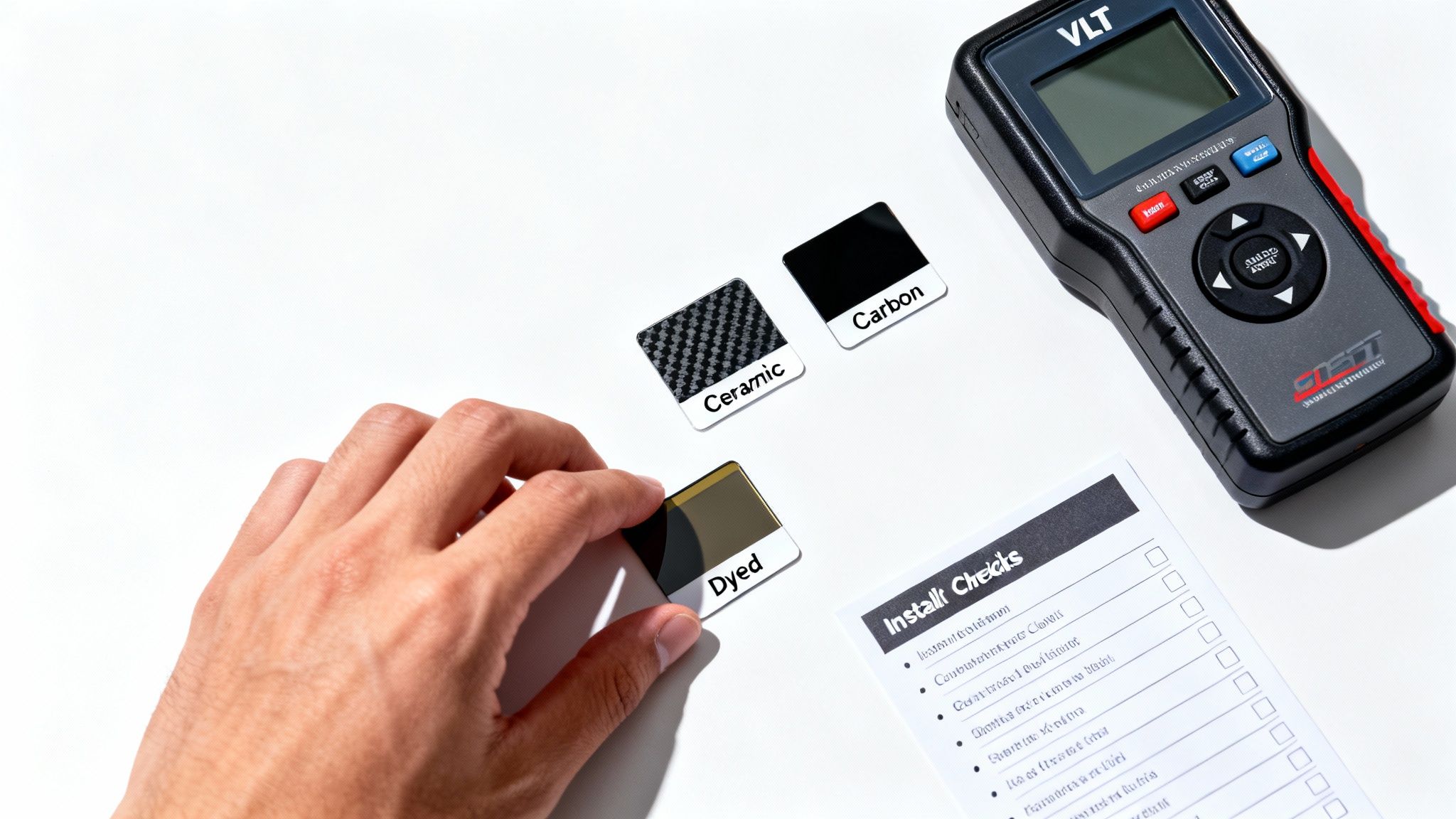Hand holds dyed, ceramic, and carbon window tint samples with a VLT meter and install checklist.