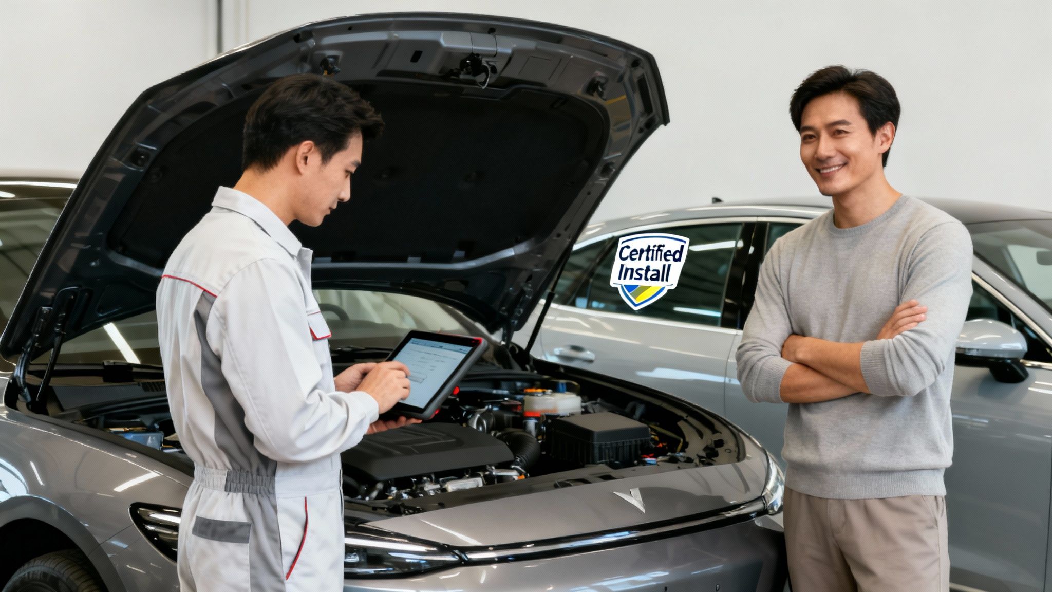 Smiling customer observes a mechanic inspecting a car's engine with a tablet at a certified service center.