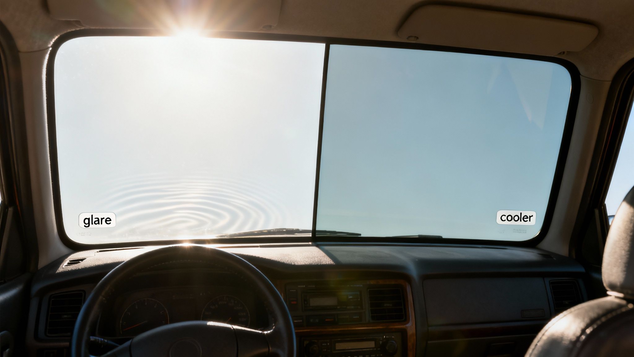 A Guide to Automotive Window Tint Percentages 2 Car windshield demonstrating sun glare on one side and a cooler, tinted view on the other.
