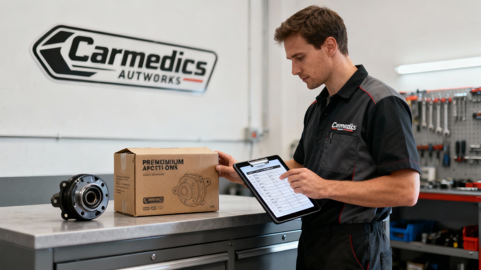 A certified technician from Carmedics Autowerks carefully inspecting a high-quality auto part in a clean, professional workshop environment.