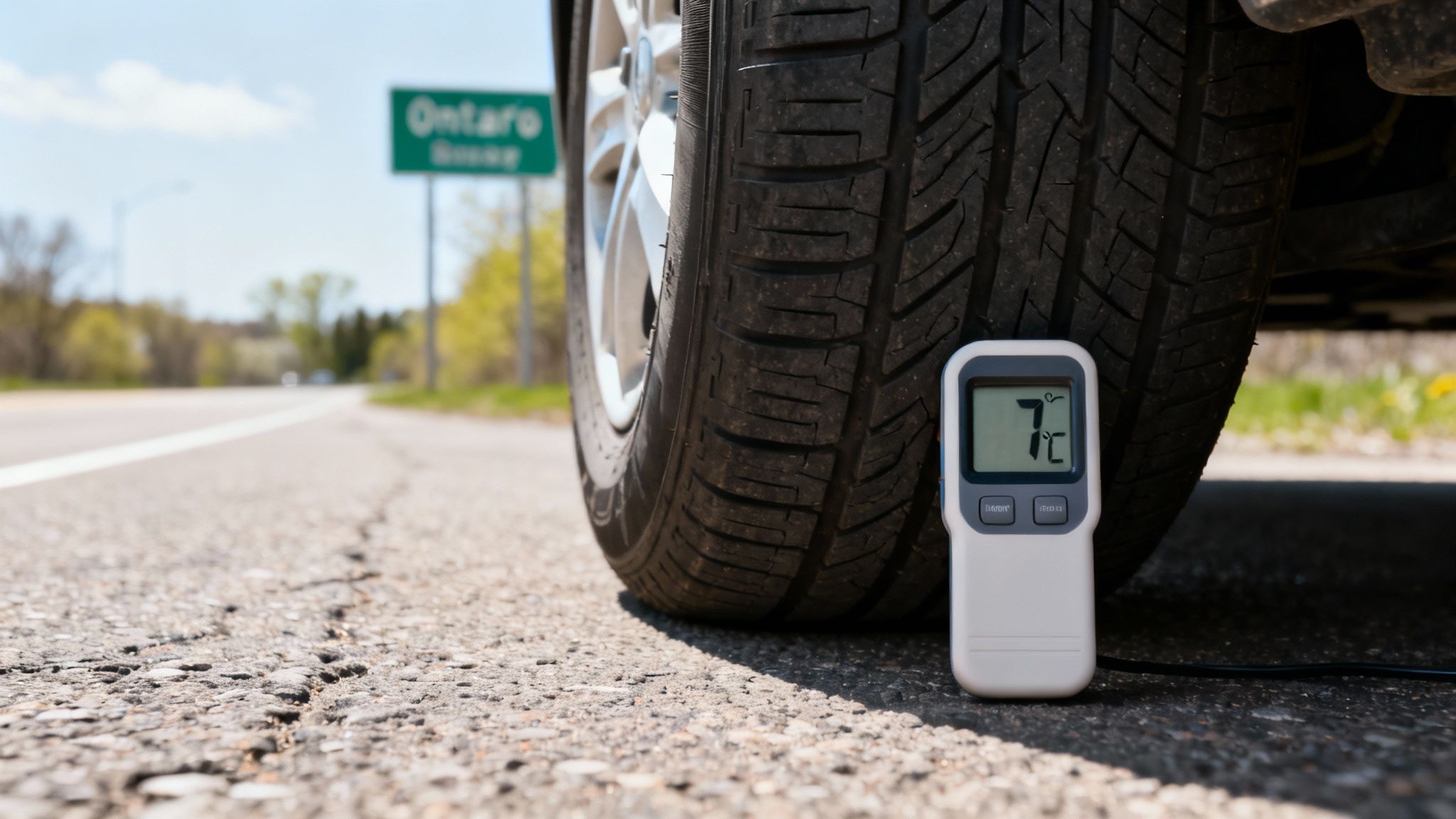 A close-up shot of a summer tire's tread pattern on a clean, dry asphalt road.