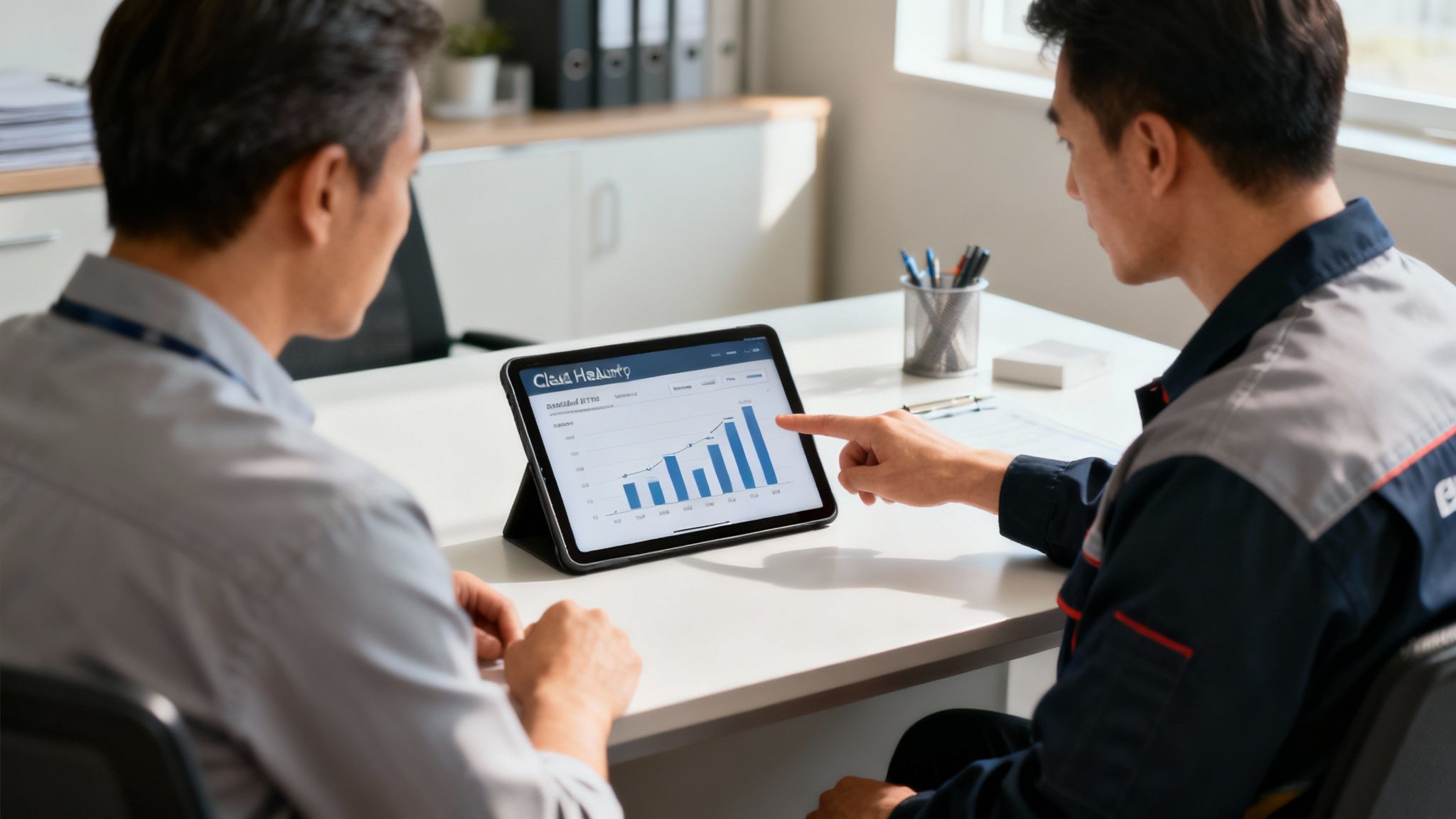 A fleet manager and a technician reviewing a service plan on a tablet in front of a line of commercial vans.