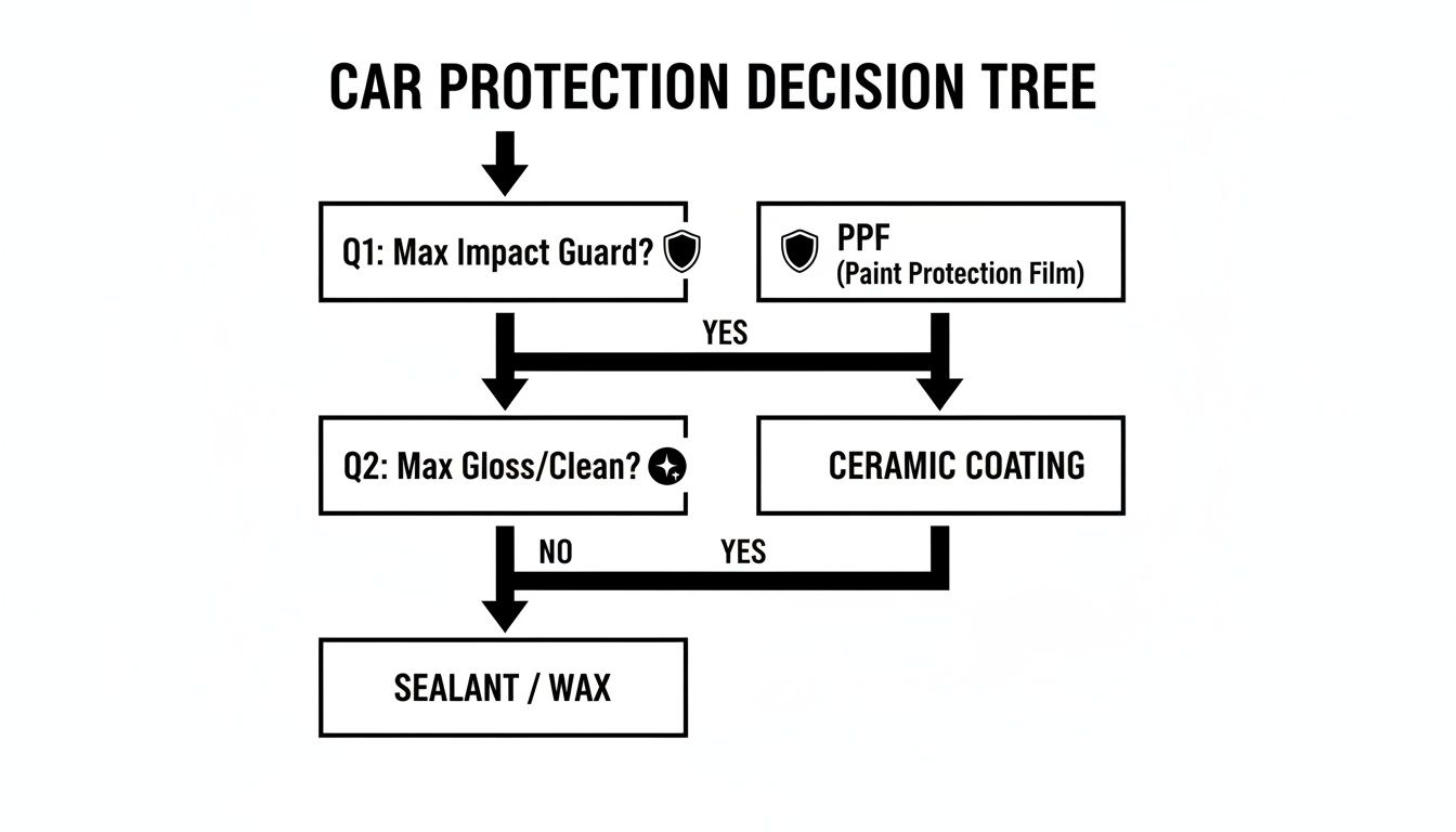 Car protection decision tree guiding choices between PPF, ceramic coating, and sealant/wax based on impact and gloss needs.