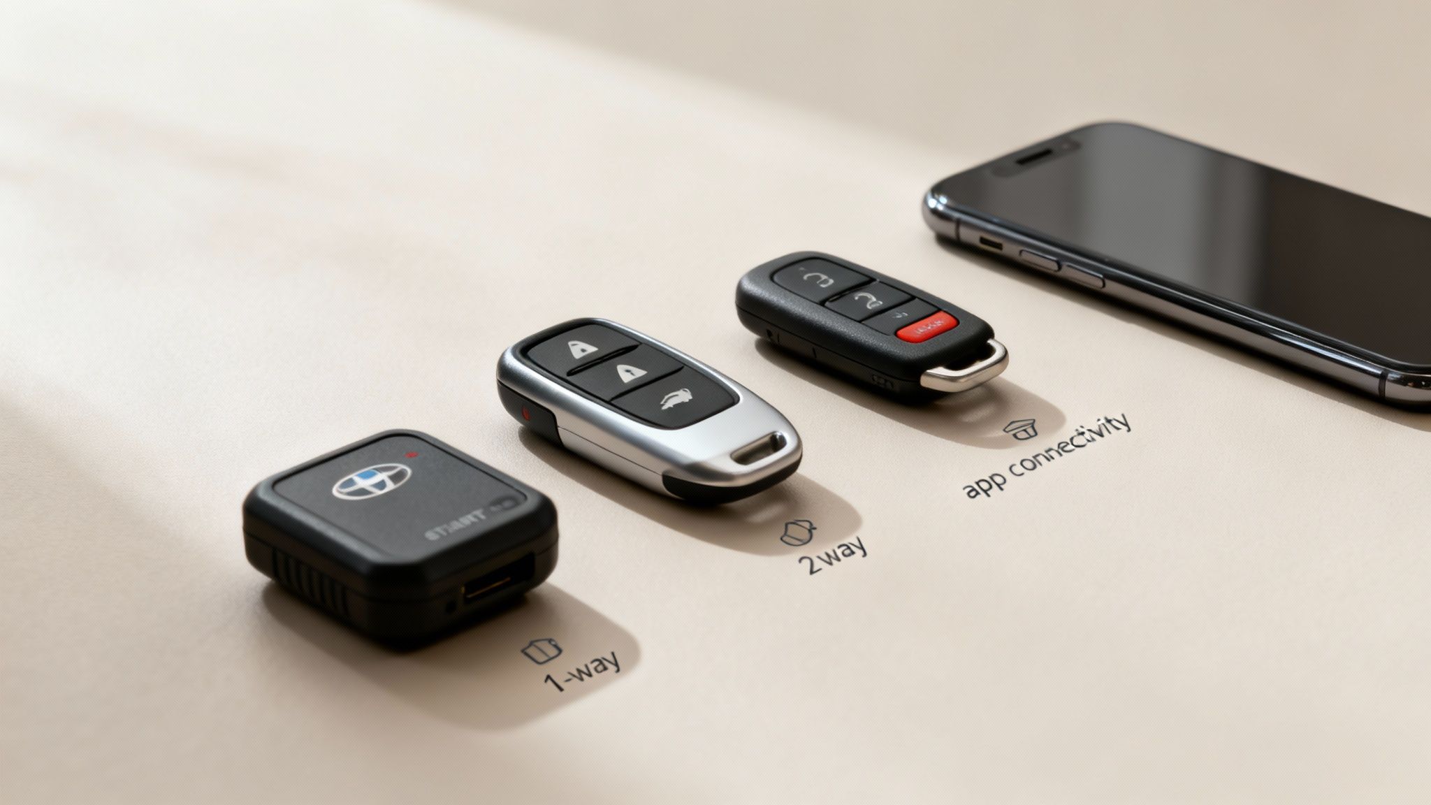 Three remote car starters showing one-way, two-way, and app connectivity options beside smartphone