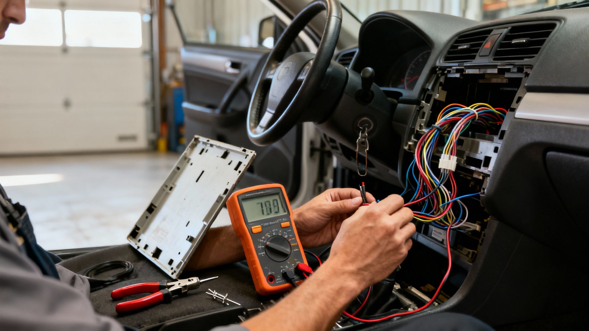 Auto mechanic testing complex car wiring with a multimeter inside a vehicle dashboard.