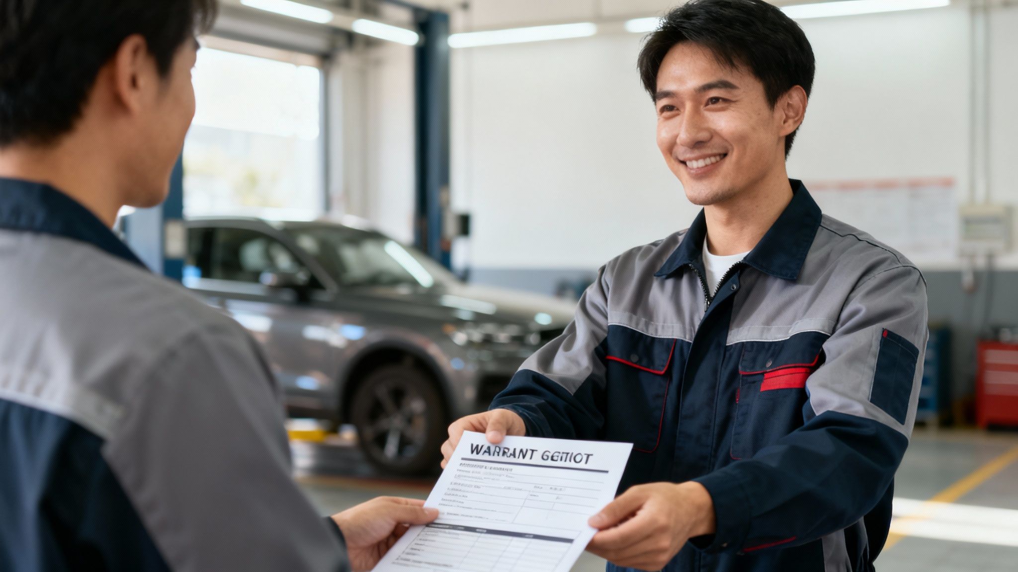 A customer shaking hands with a friendly, trustworthy auto mechanic in front of a service bay.