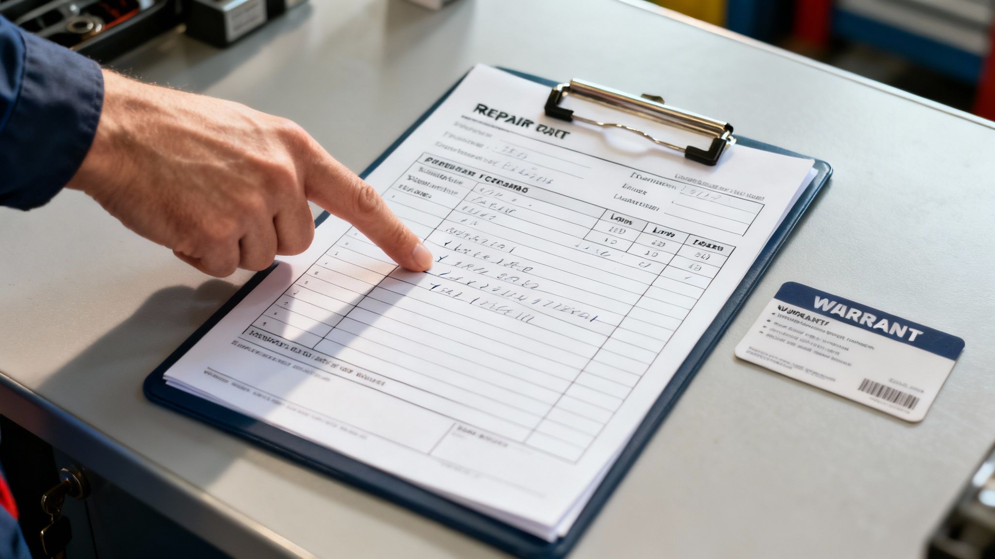 Close-up of a person's hand pointing at an automotive repair report on a clipboard, next to a warranty card.