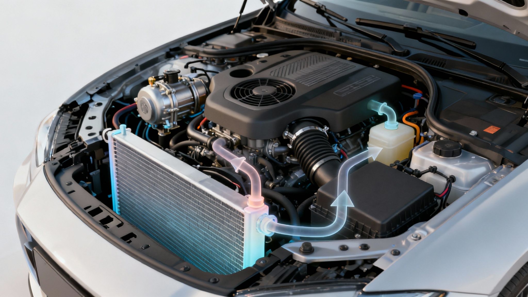 Car engine bay showing cooling system with radiator and fluid reservoirs for air conditioning maintenance