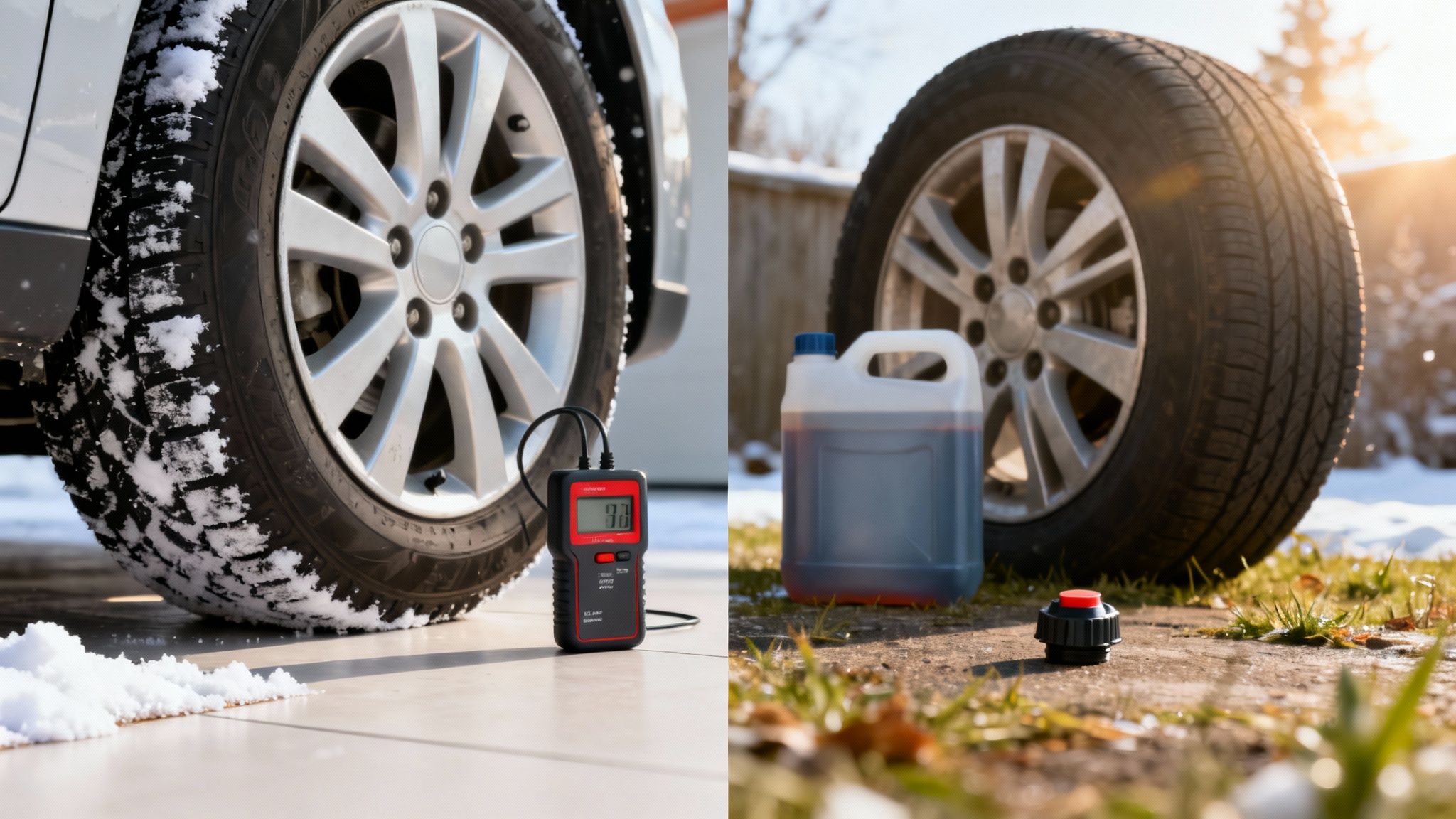 Split image showing a winter car tire with snow and a pressure gauge, next to a summer tire with fluid.