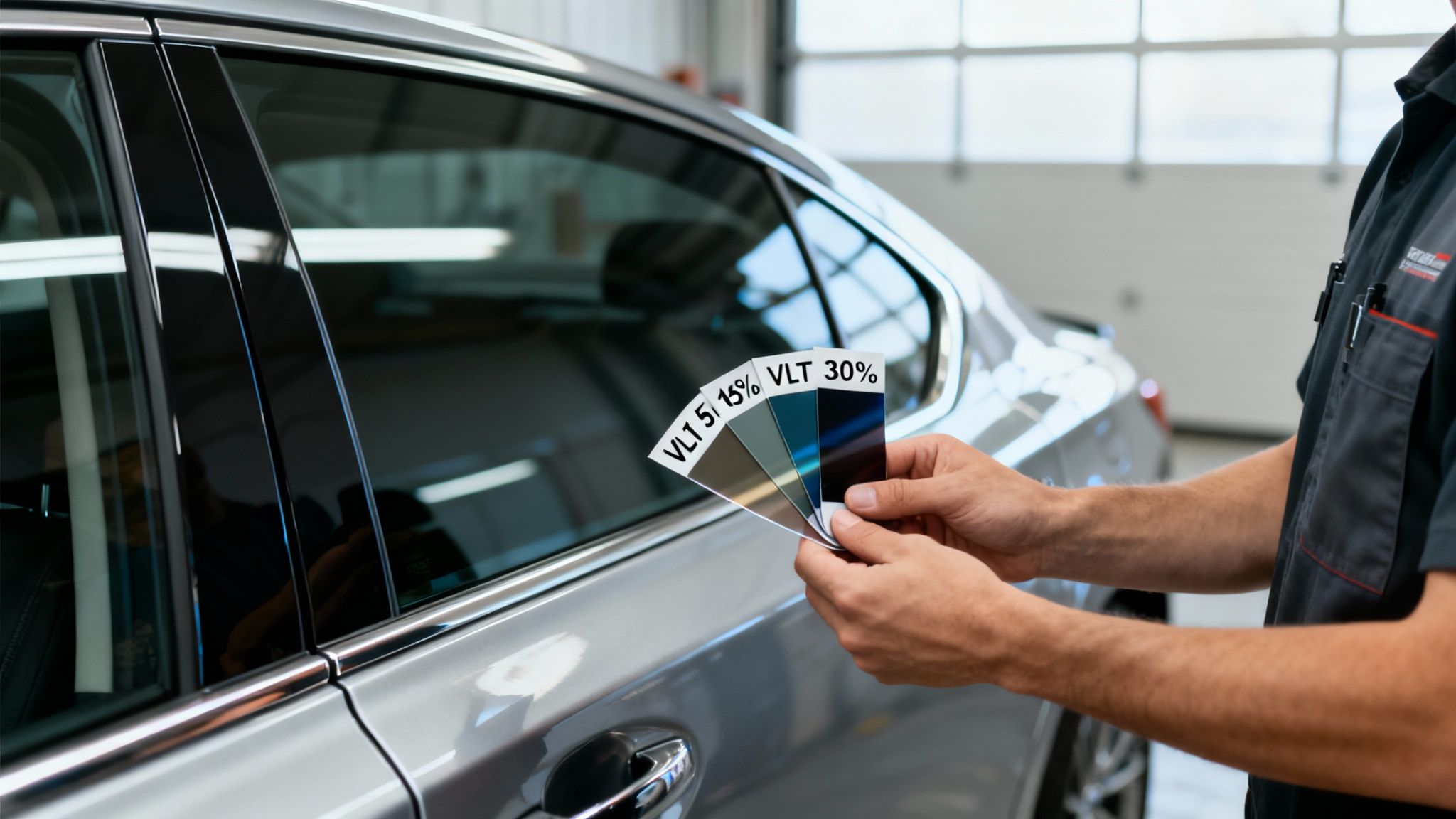 A police car next to a vehicle with tinted windows, illustrating the importance of legal tinting.