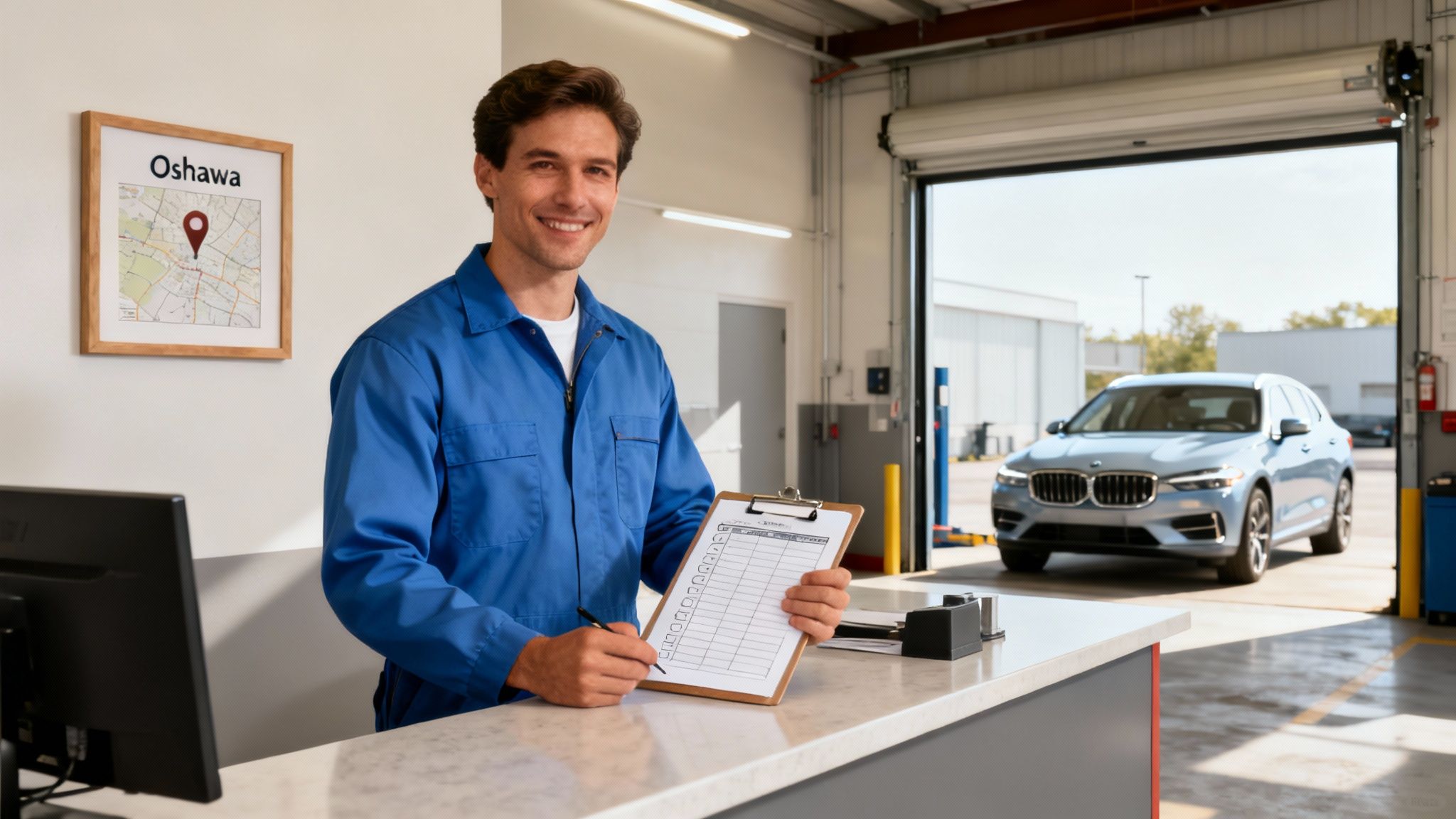 Technician working on a car engine in a clean repair shop