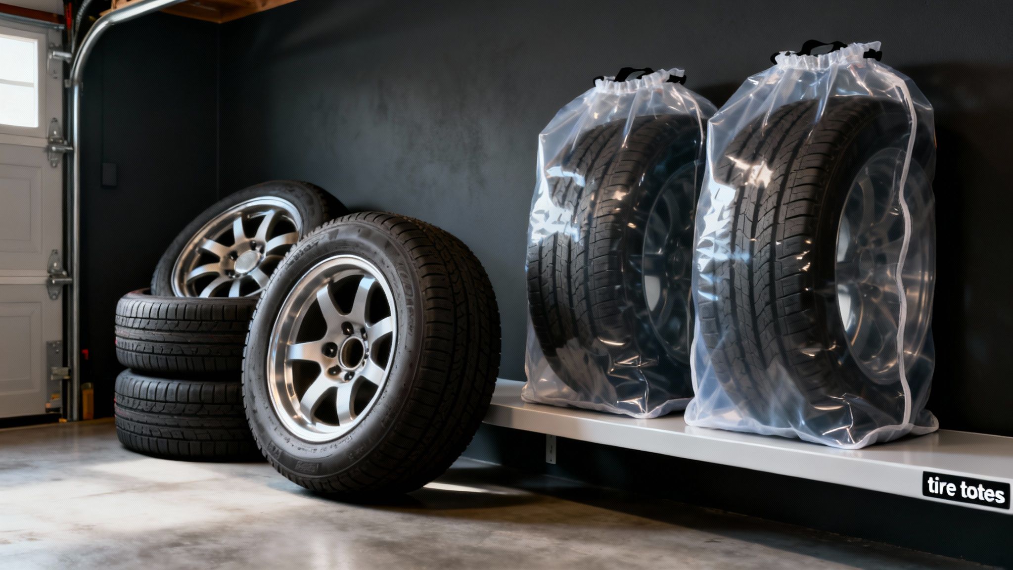 Multiple car tires, some stacked and some in clear plastic bags on a shelf, in a clean garage.