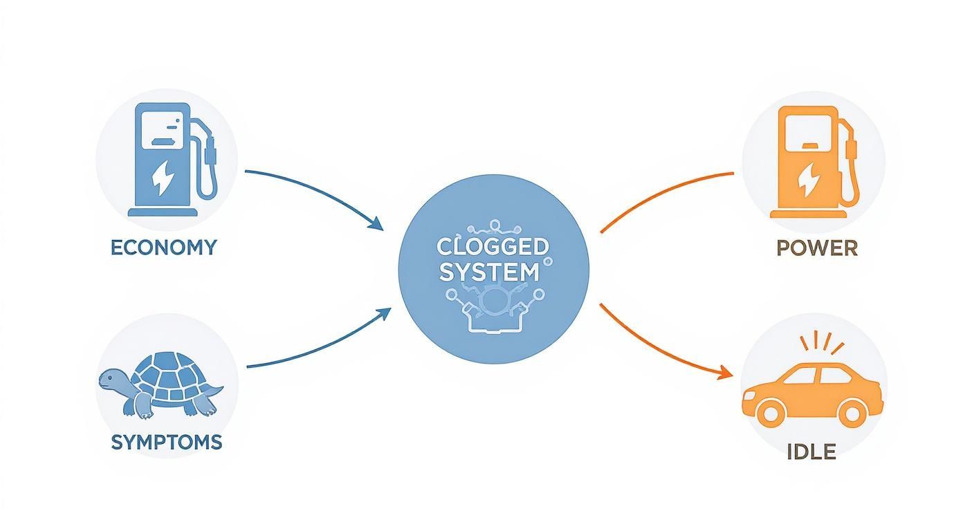 Diagram illustrating how a clogged system affects fuel economy, power, and causes symptoms like slow performance and rough idle.