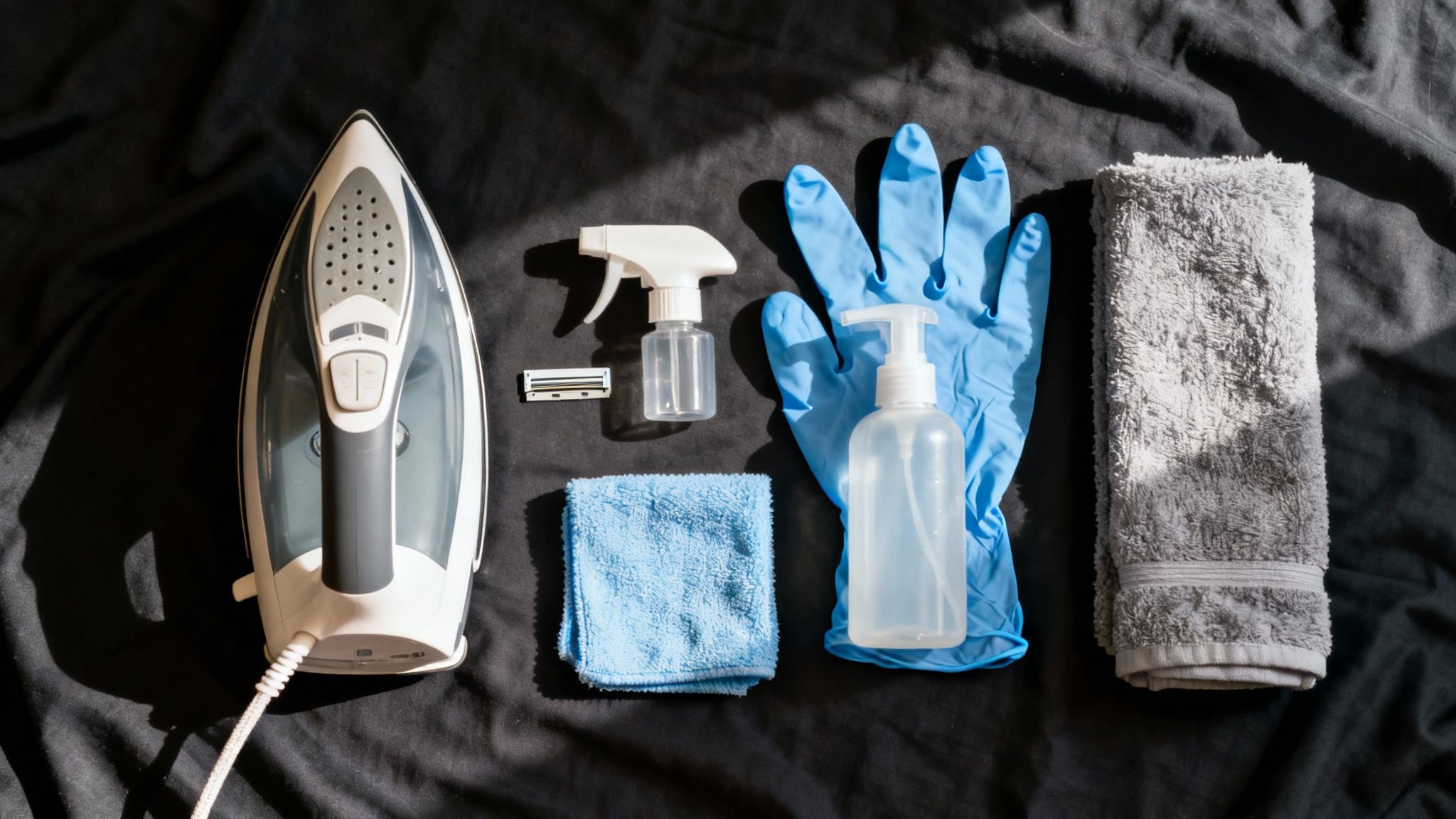 Flat lay of cleaning supplies including iron, spray bottles, gloves, and microfiber cloths for window film removal
