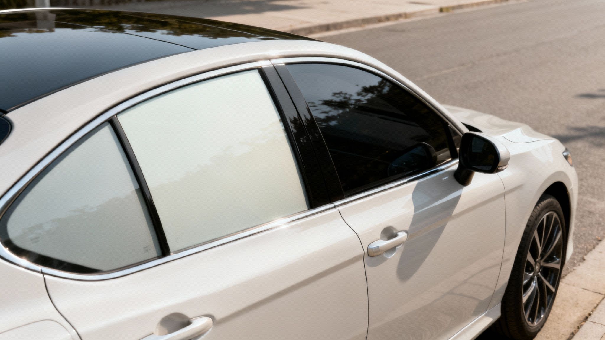 Side view of a modern white car with dark tinted windows and a panoramic black roof, parked on a street.