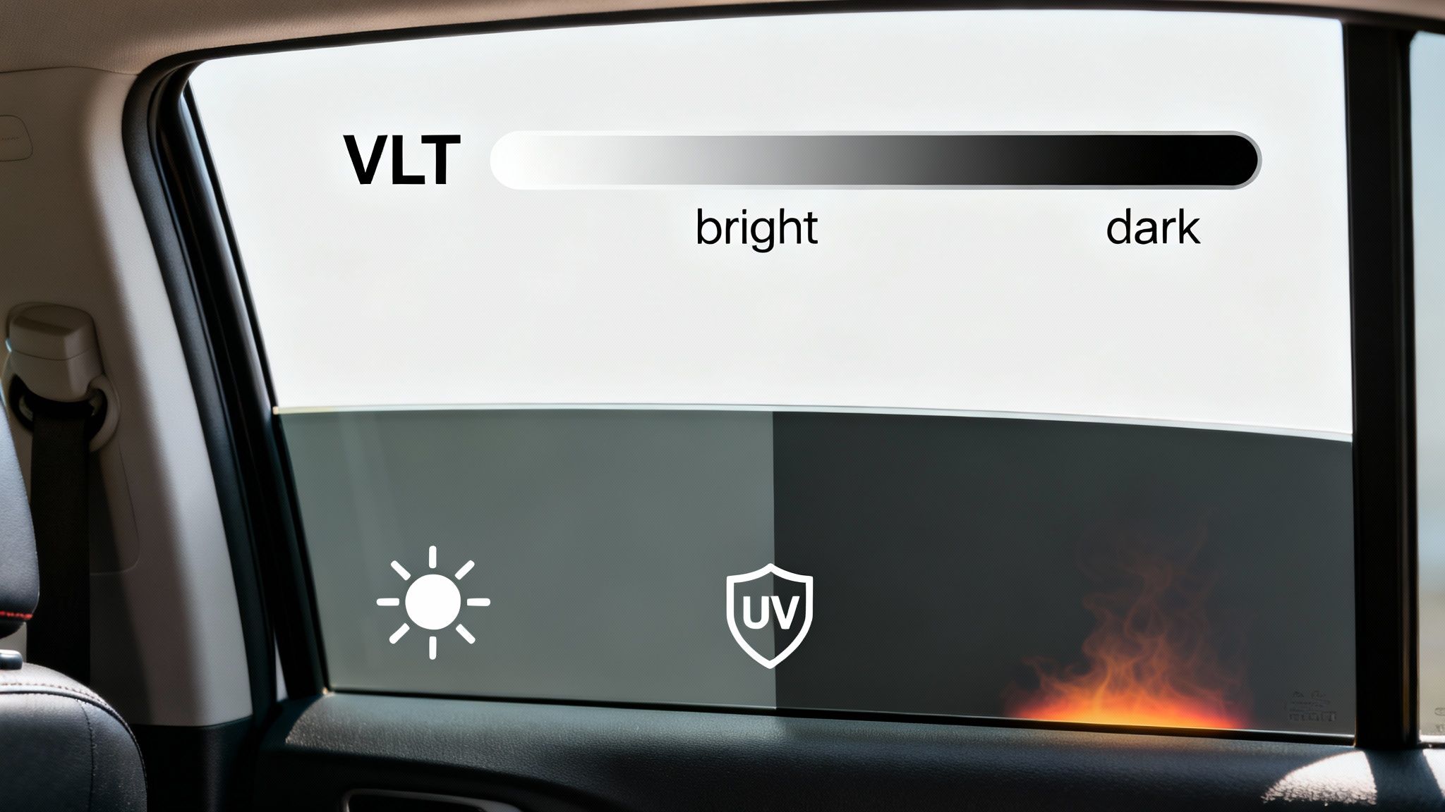 Car window illustrating VLT, showing bright to dark tint gradient with sun, UV protection, and heat reduction.