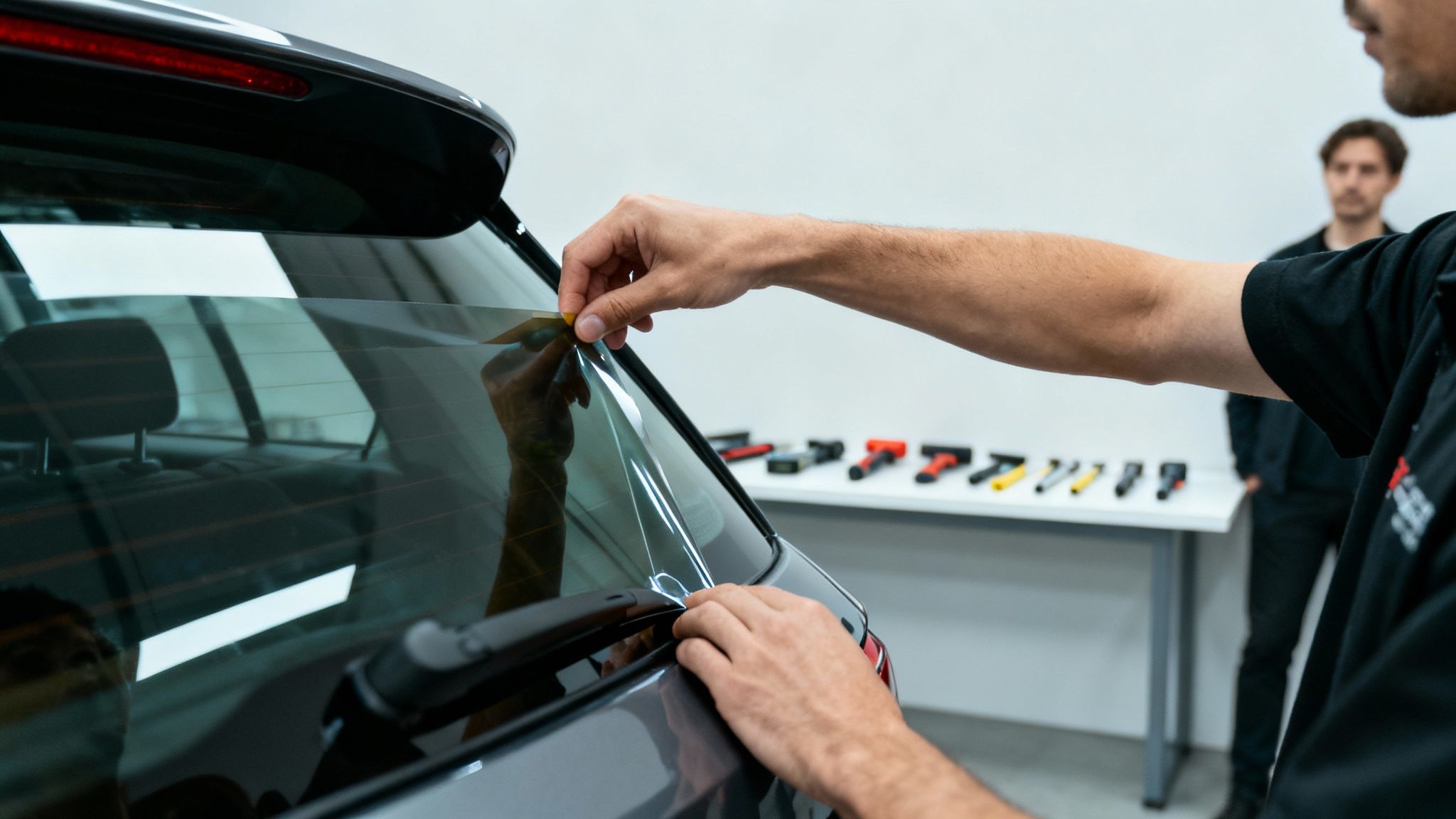 Close-up of a person's hands carefully applying tint film to a car's rear window.