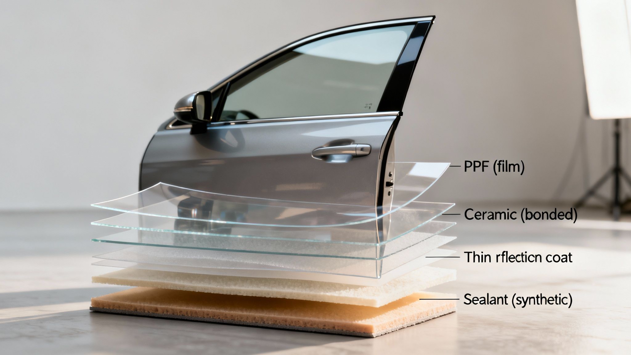 A detailed cross-section view of a car door revealing multiple protective layers and coatings.