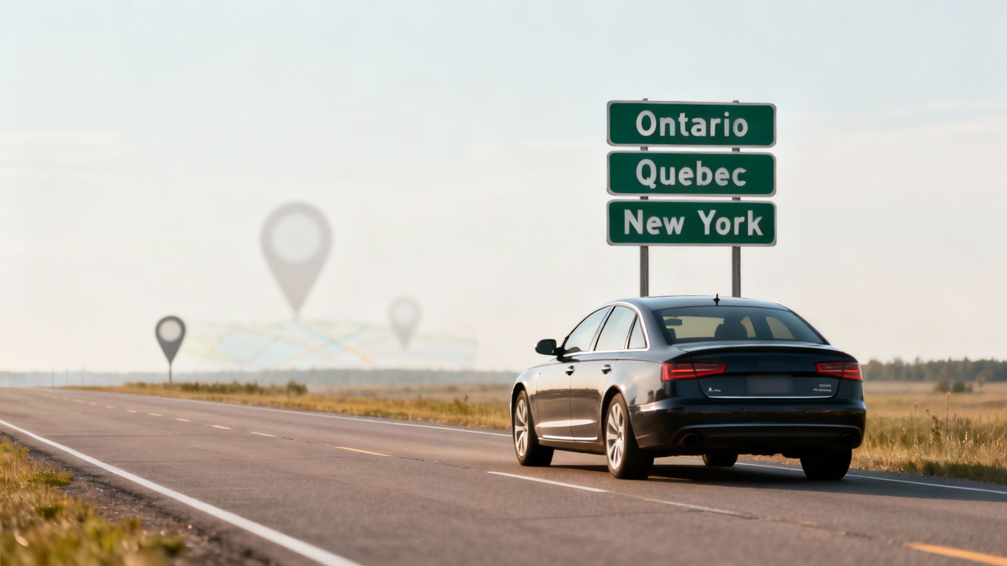 A black car on a highway approaches a road sign indicating Ontario, Quebec, and New York, symbolizing a cross-border road trip.