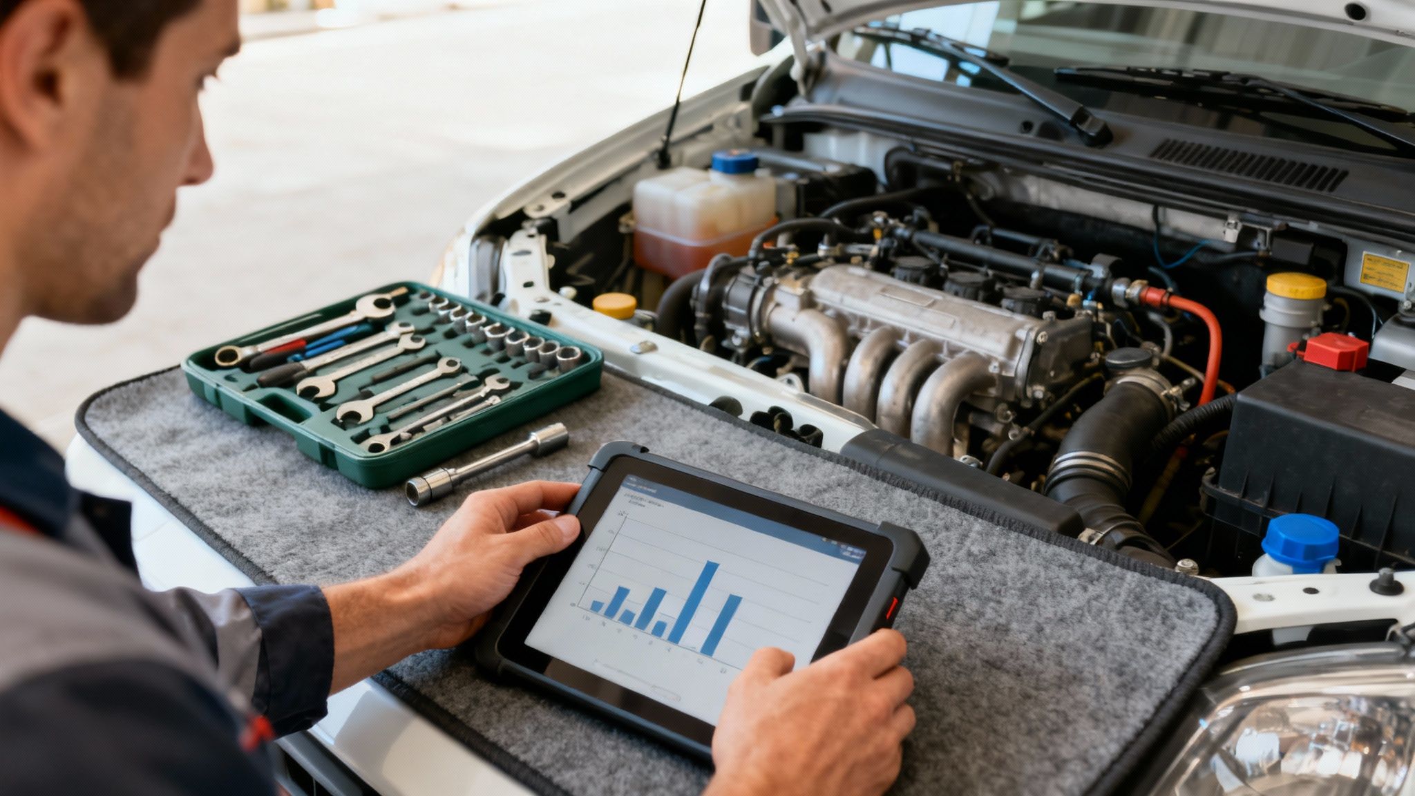 A mechanic working on the engine of a commercial truck in a clean, professional garage.