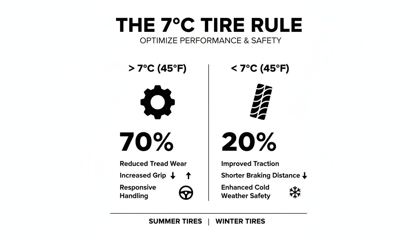 Infographic showing the 7°C tire rule for optimizing performance and safety with summer and winter tires.