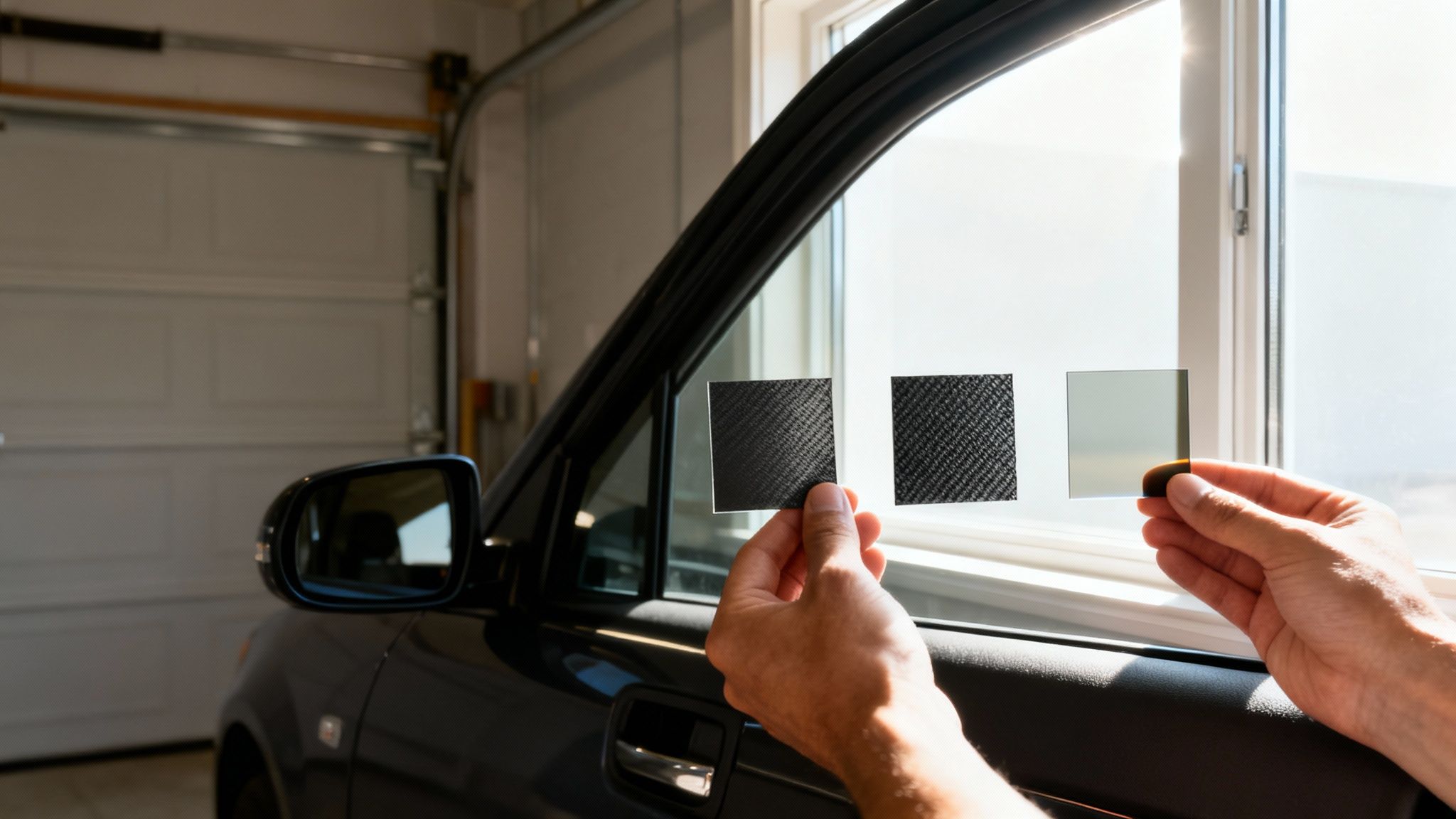 Hands holding various window tint samples against a car window inside a garage.