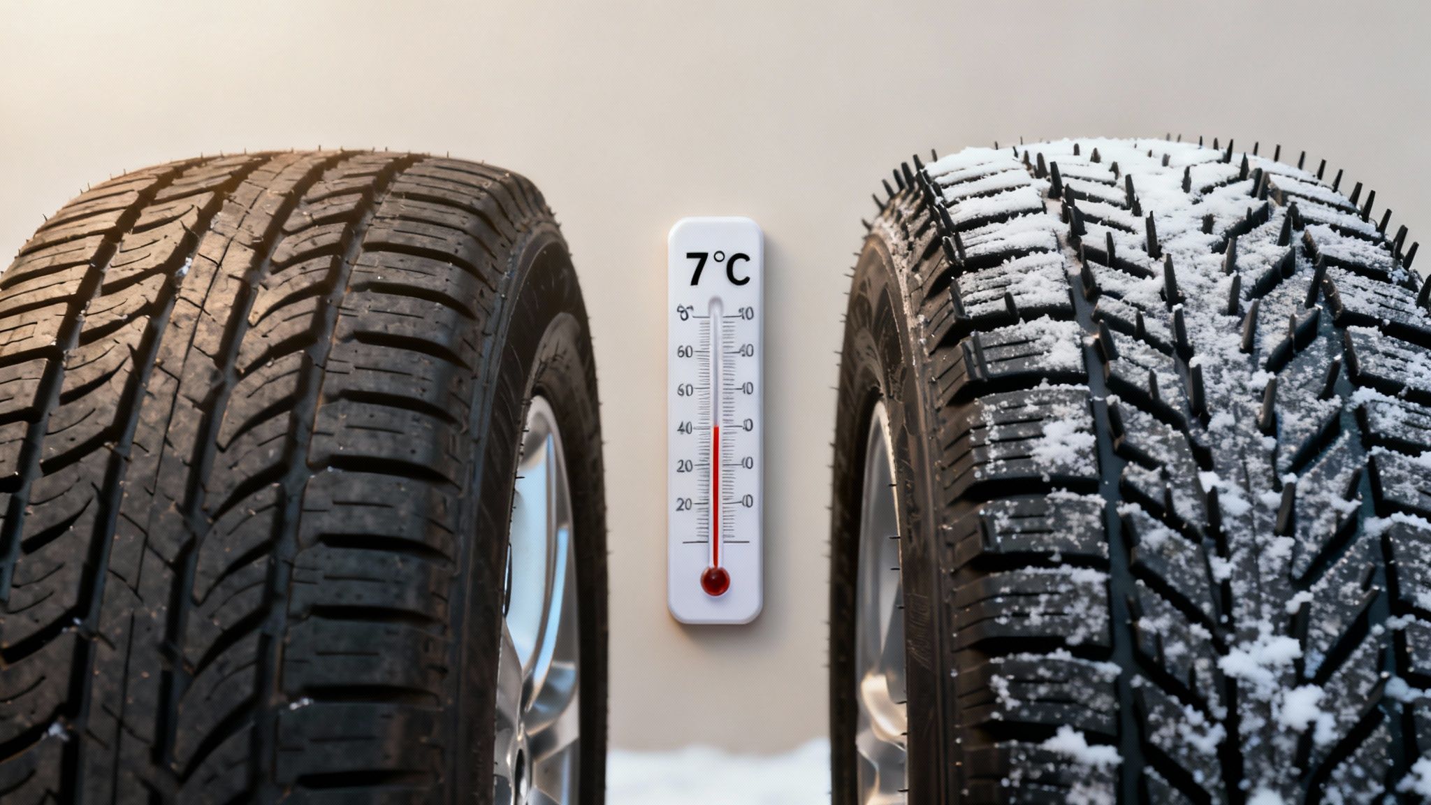 A close-up shot of a winter tire's tread pattern on a wet surface.