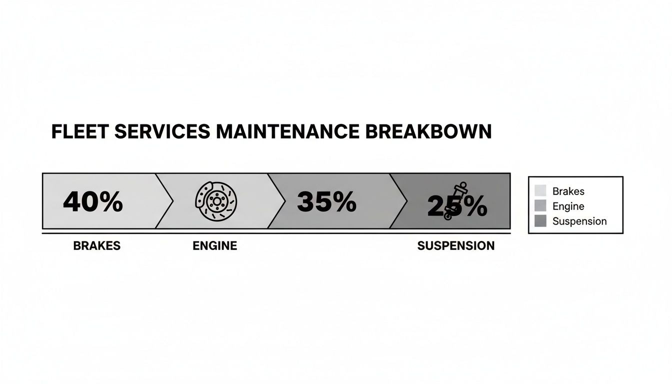 A bar chart illustrating fleet services maintenance breakdown: Brakes 40%, Engine 35%, Suspension 25%.