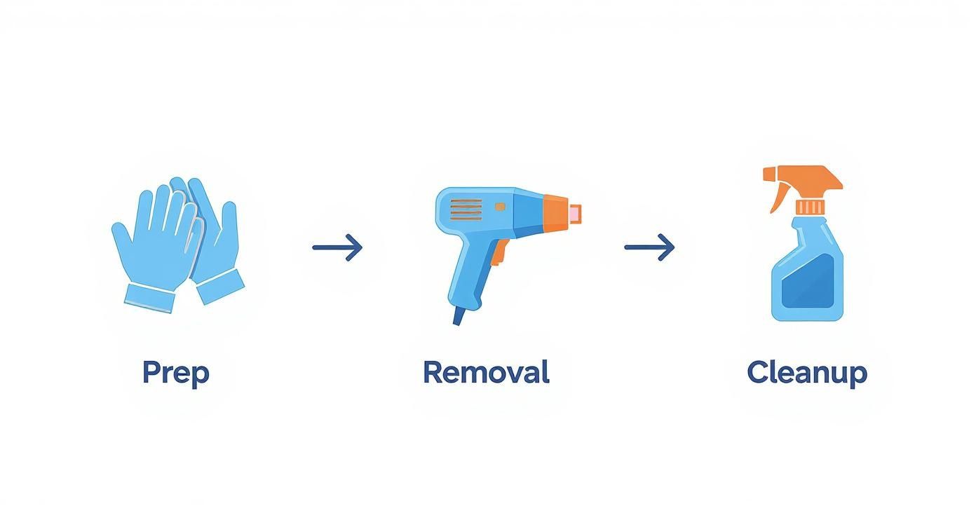 Three step process showing gloves for prep, heat gun for removal, and spray bottle for cleanup