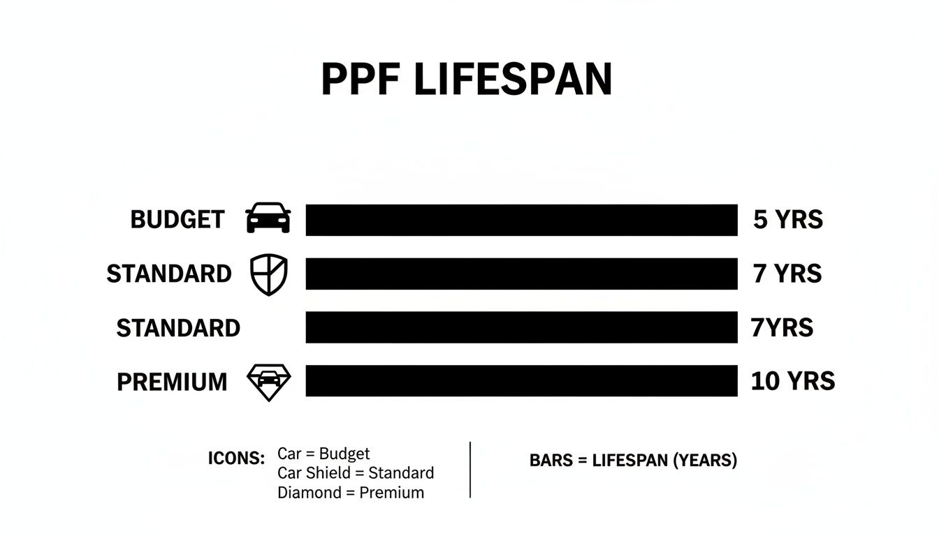 Visual guide illustrating PPF lifespan: Budget 5 years, Standard 7 years, Premium 10 years, with relevant icons.