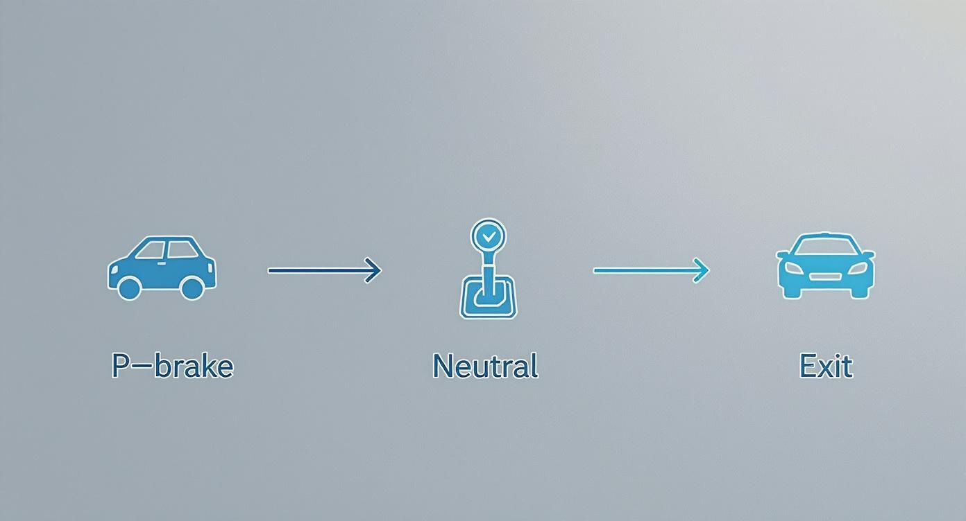 Diagram showing manual transmission car starting sequence: P-brake, neutral gear, then exit