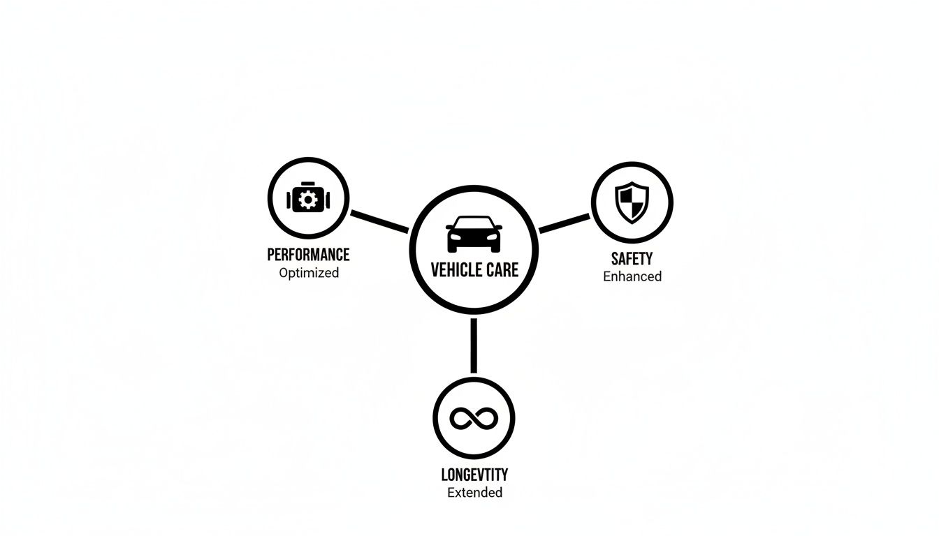A diagram illustrating the benefits of vehicle care: optimized performance, enhanced safety, and extended longevity.