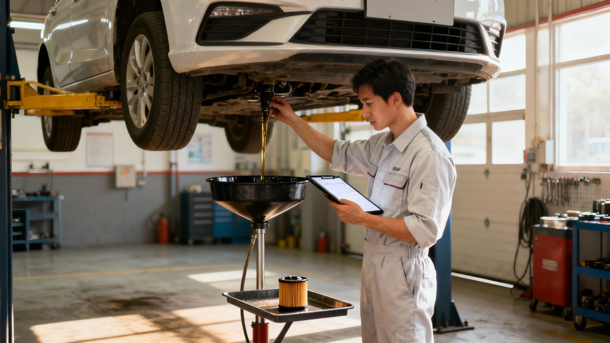 Asian mechanic changing oil from a lifted white car in a bright auto repair shop.